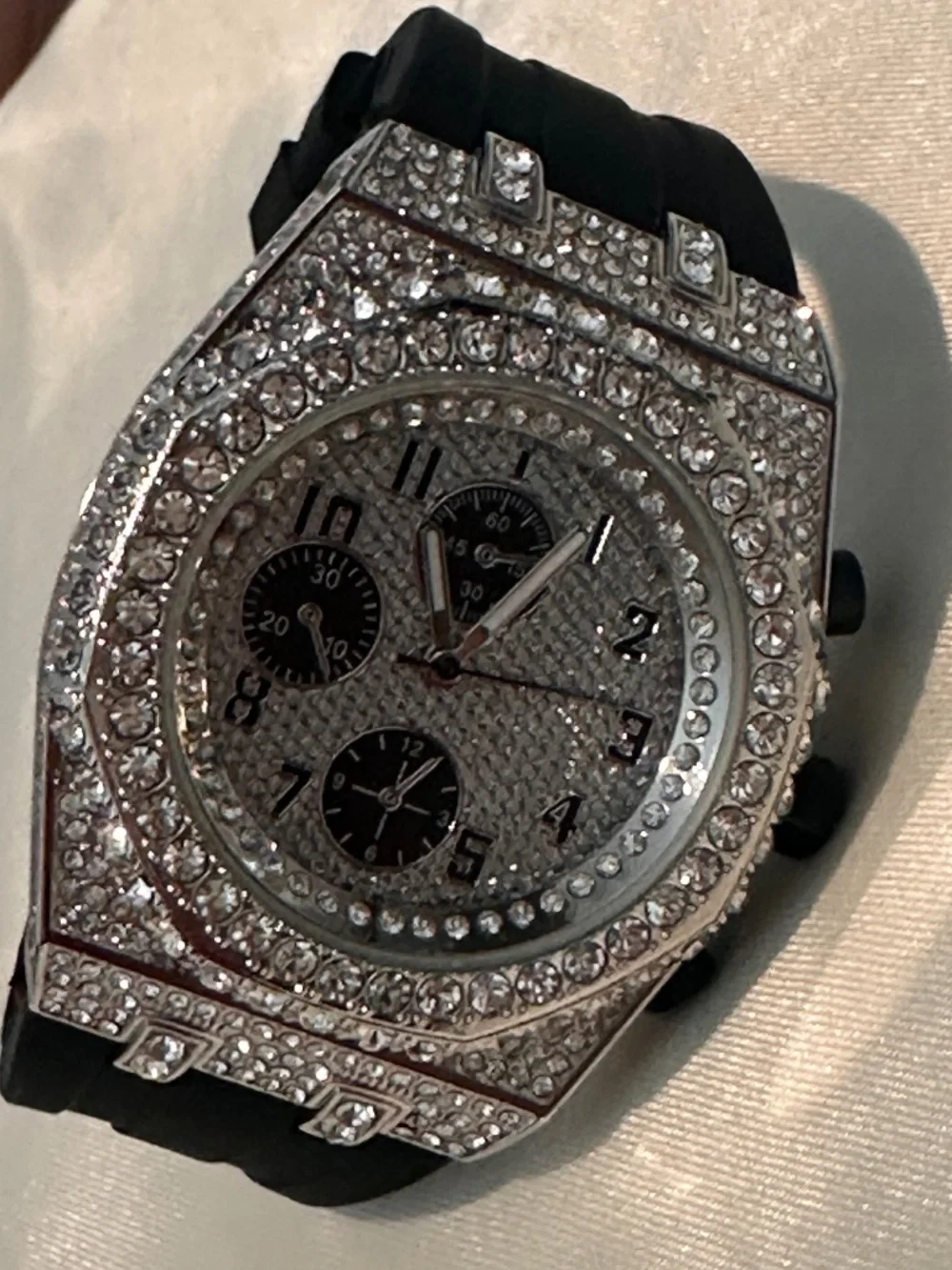Ice Star Rhinestone Statement Watch Black Silicone Band Working